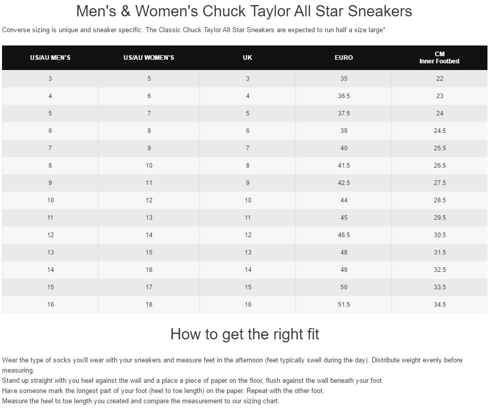 converse chuck taylor size chart