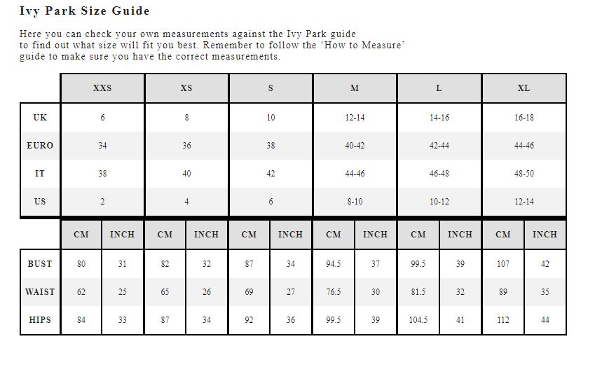 ivy park adidas size chart