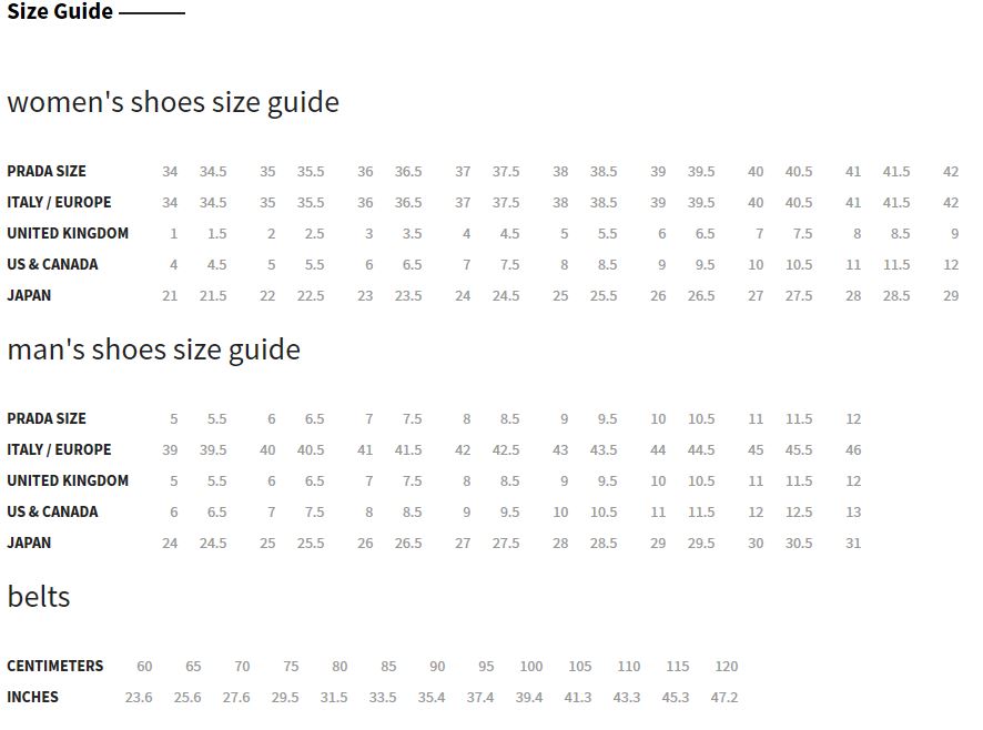 Prada Size Chart