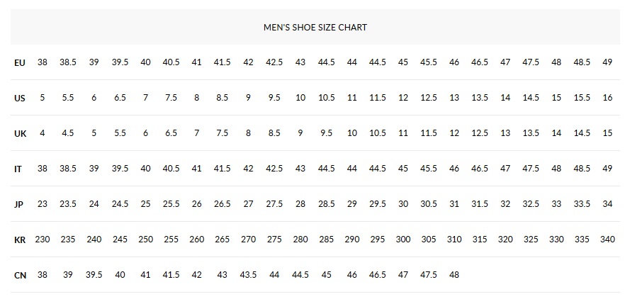 Gucci Size Chart Men S Shoes